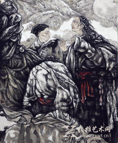 庄红伟人物画作品《雪域人家》198x150cm